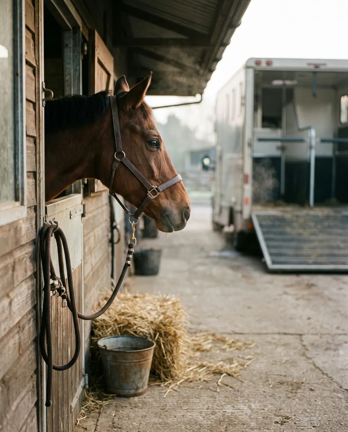 A horse looking out over its stable door, a horsebox waiting in the yard behind.