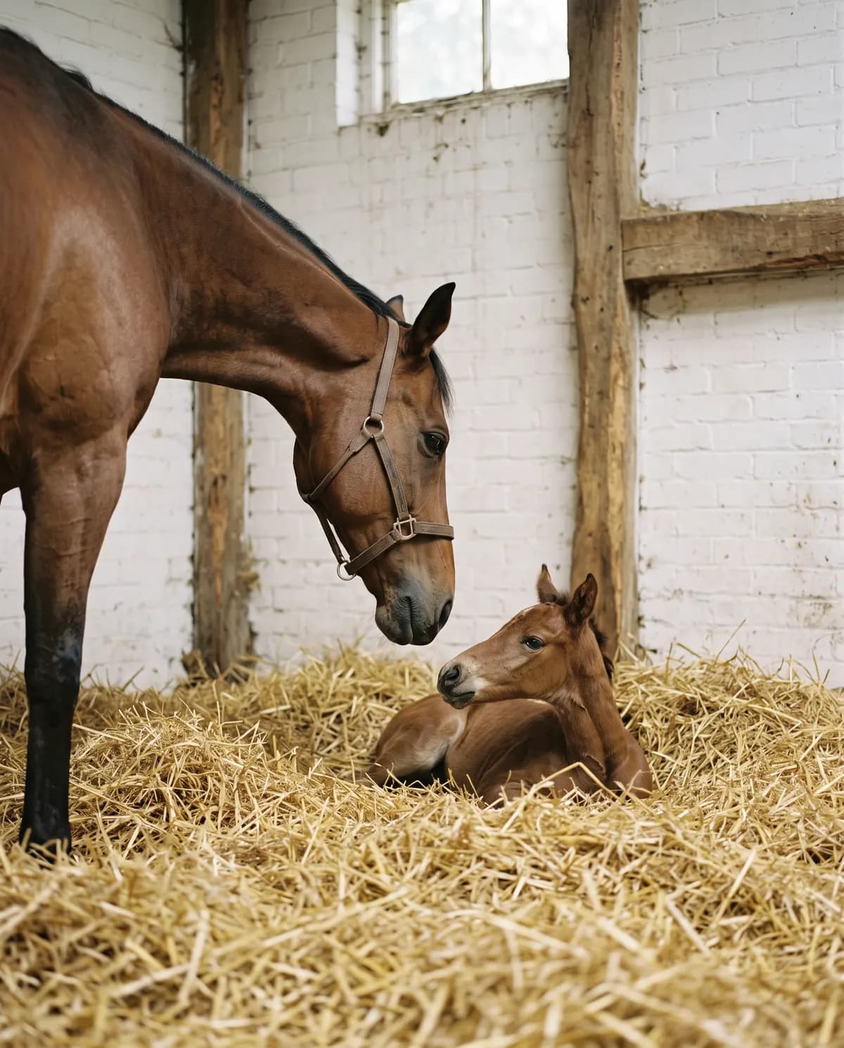 A mare standing over her newborn foal, lying in deep straw.