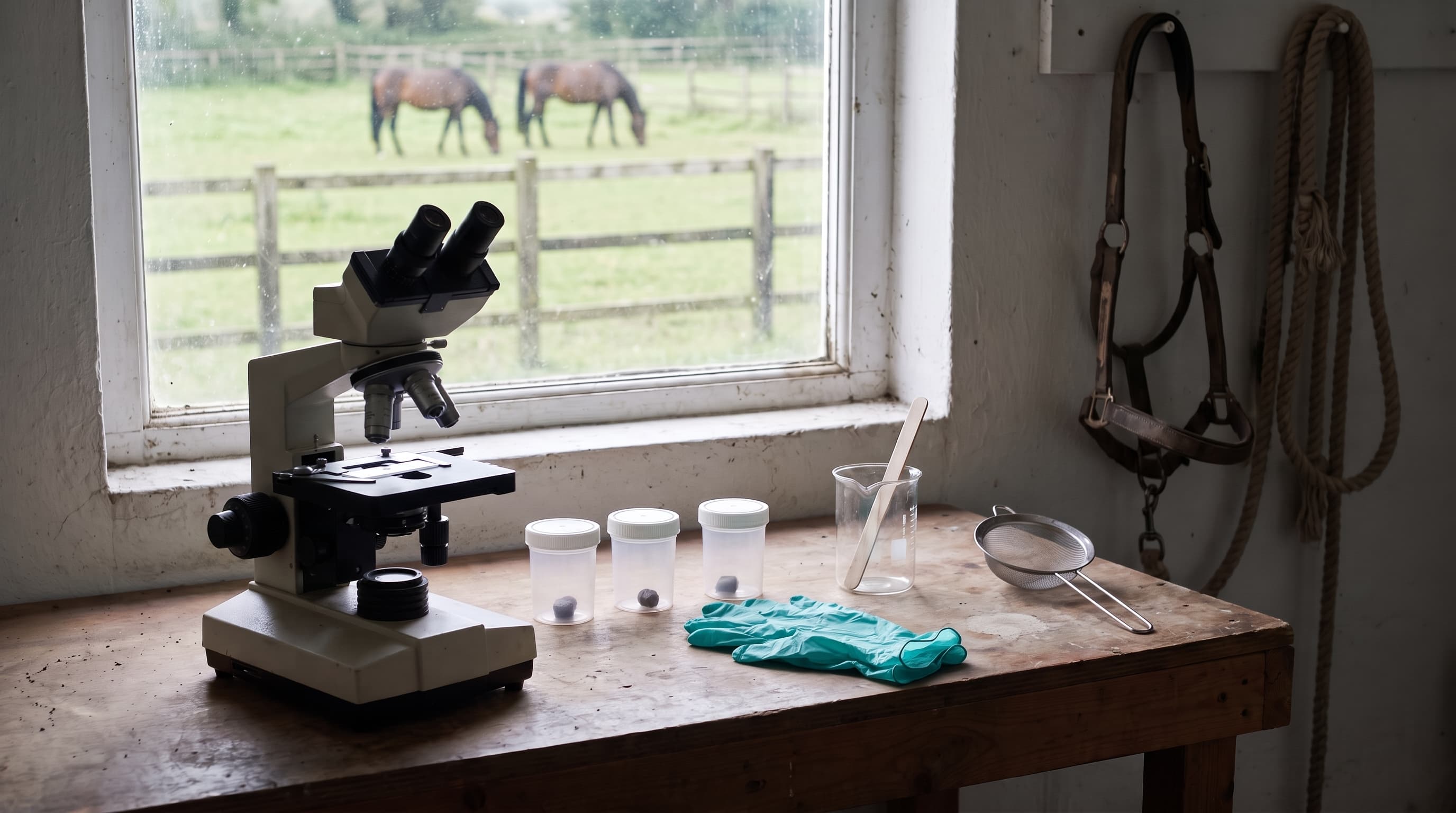 A microscope and small sample pots on a tack-room workbench beside a pair of gloves, a beaker and a sieve, with horses grazing in a paddock through the window behind.