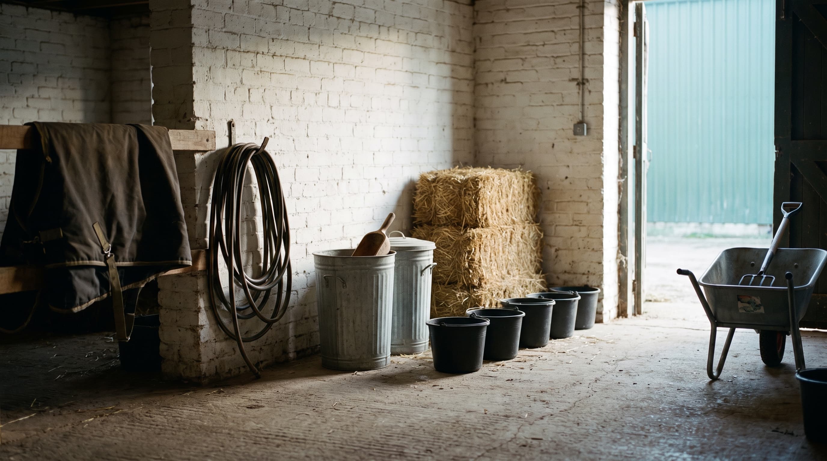 A livery yard feed room at first light: stacked hay bales, two open galvanised feed bins with a wooden scoop, a row of black rubber buckets and a wheelbarrow inside the doorway.