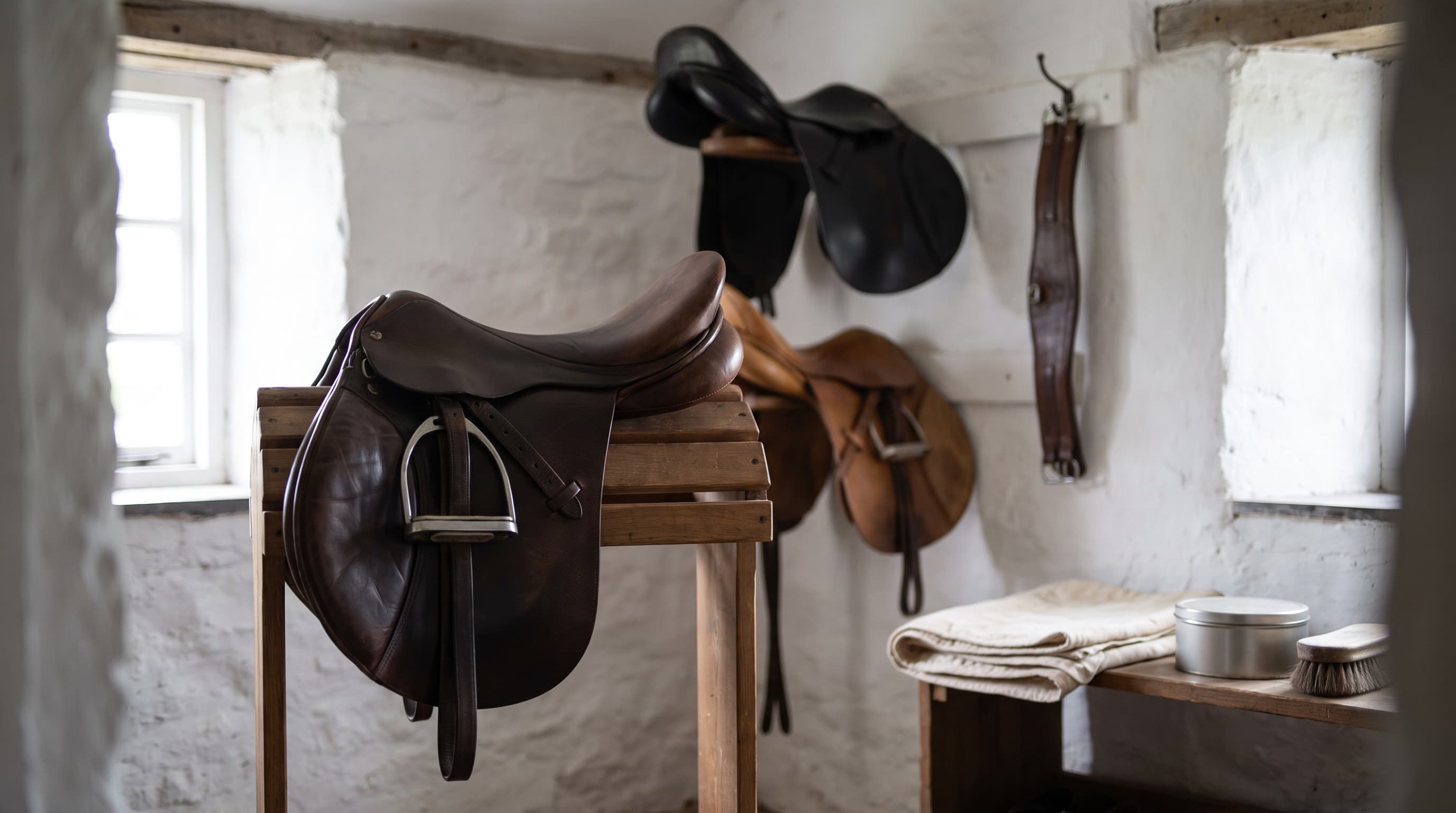 A brown leather English saddle on a wooden stand in a whitewashed tack room, a stirrup iron hanging on its flap, with more saddles and a girth on the wall behind and a folded saddle cloth, a tin and a brush on a shelf.