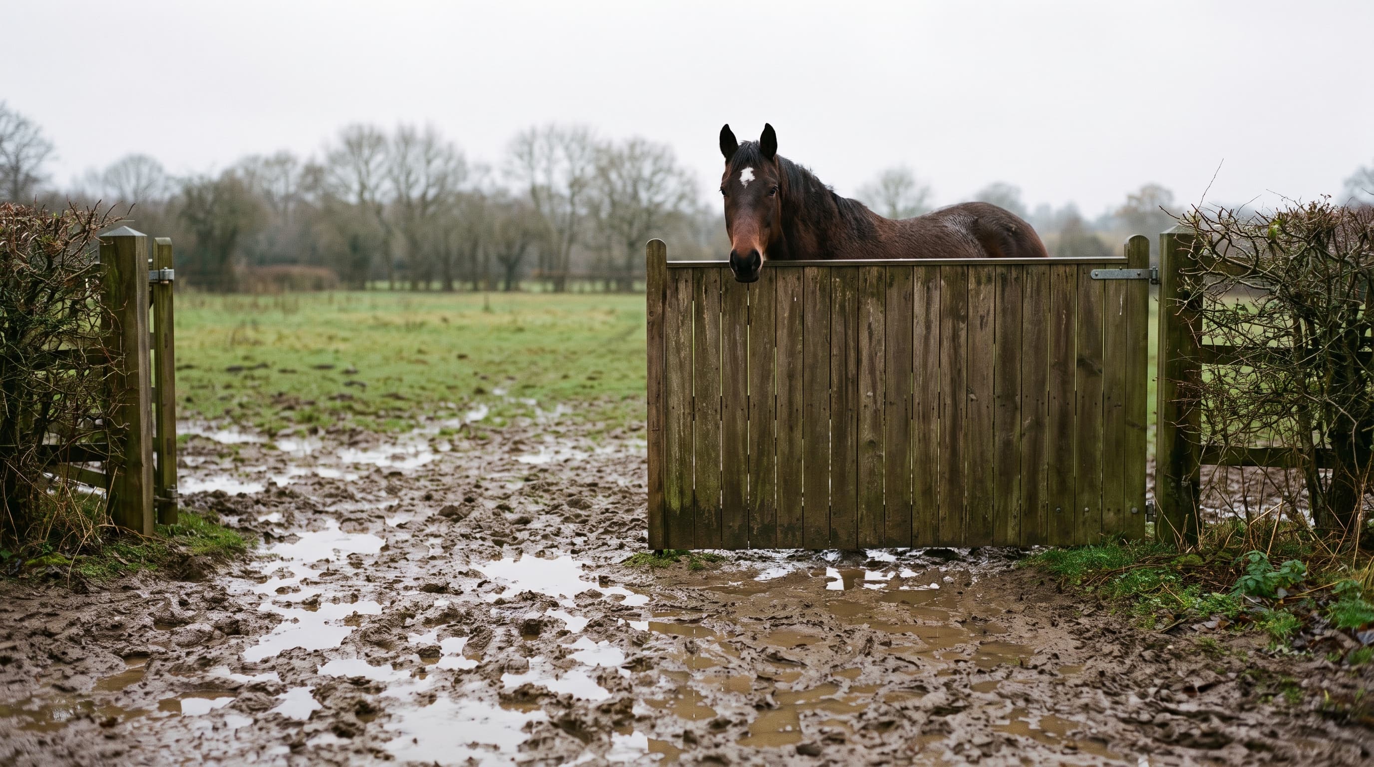 A bay horse with a white star looking over a solid wooden field gate, the gateway in front of it churned into deep mud and puddles on a grey day.