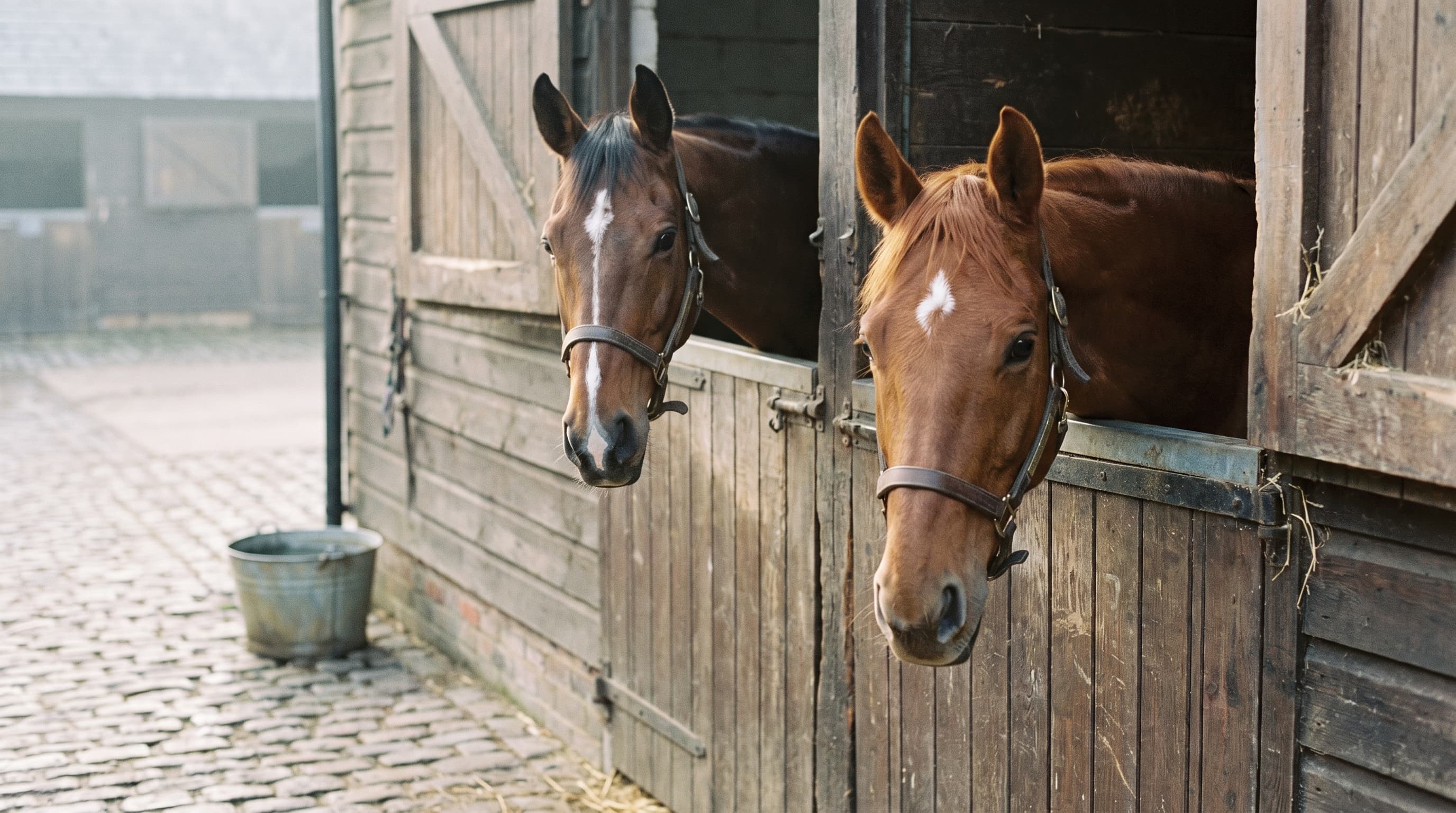 A bay horse with a white stripe and a chestnut horse with a white star looking out over neighbouring weathered stable doors onto a cobbled yard, a metal bucket by the wall.