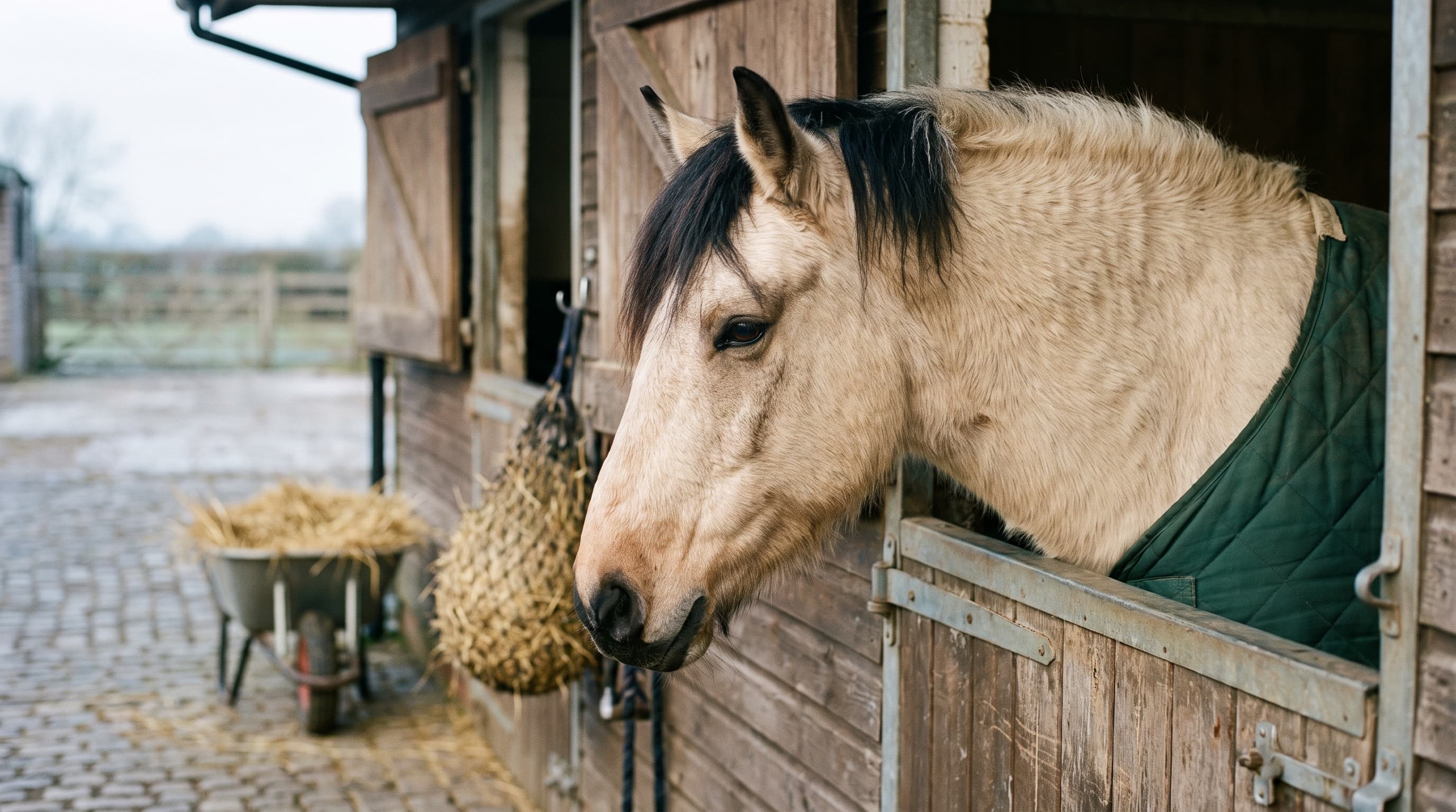A dun horse in a thick winter coat and a plain green quilted rug looking out over a weathered stable door, with a hay net and a wheelbarrow of straw on the cobbled yard behind.