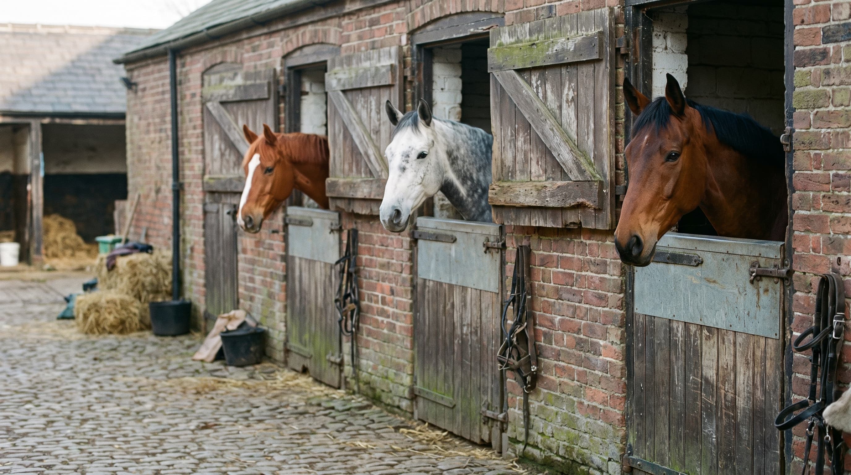A chestnut with a white blaze, a dapple grey and a bay looking out over the doors of a brick stable block onto a cobbled yard.