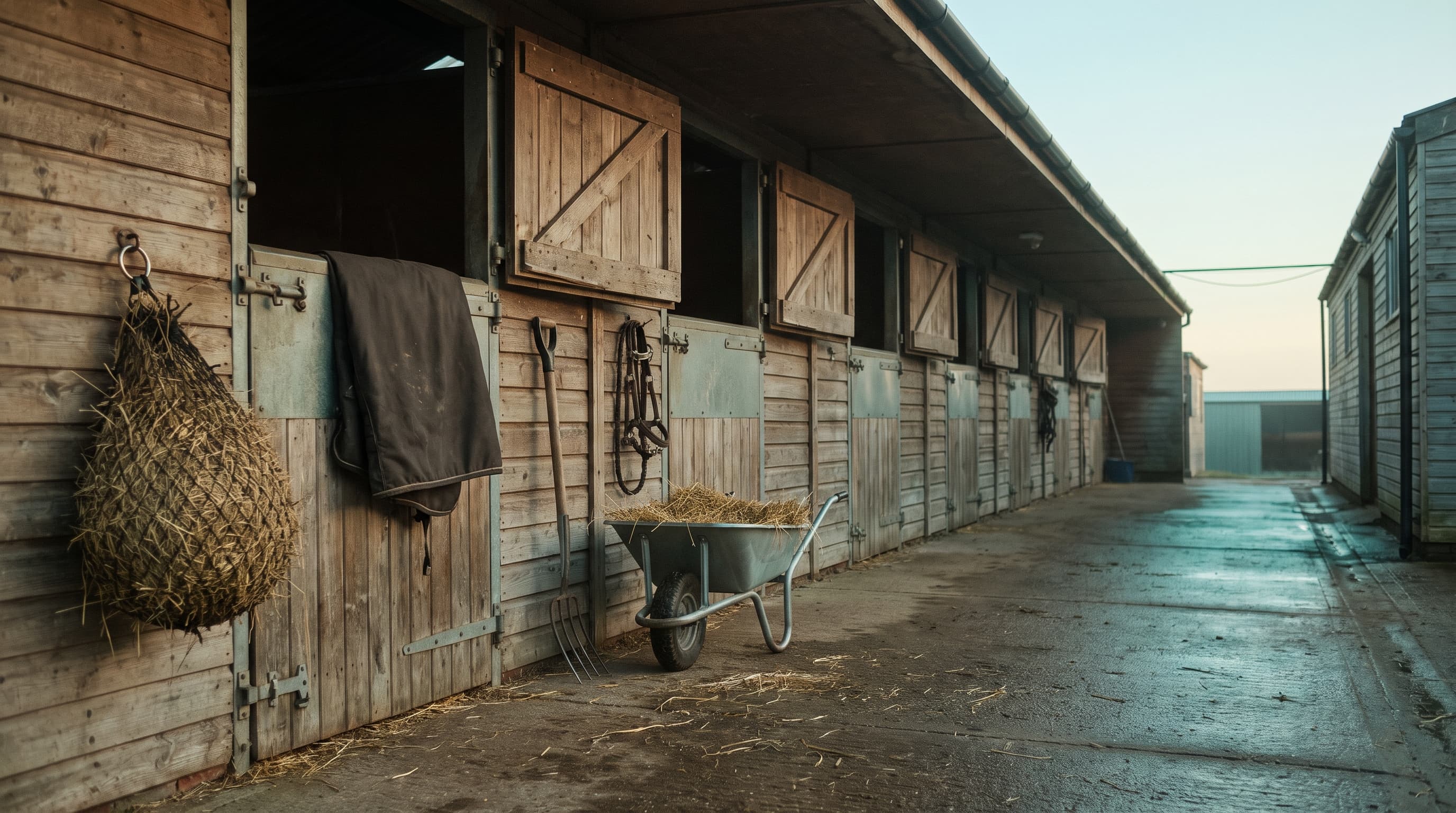 A row of weathered timber stable boxes at a livery yard in early morning: top doors hooked open, a full hay net tied to a ring, a dark rug folded over a door, a headcollar on a hook and a wheelbarrow of straw on wet concrete.