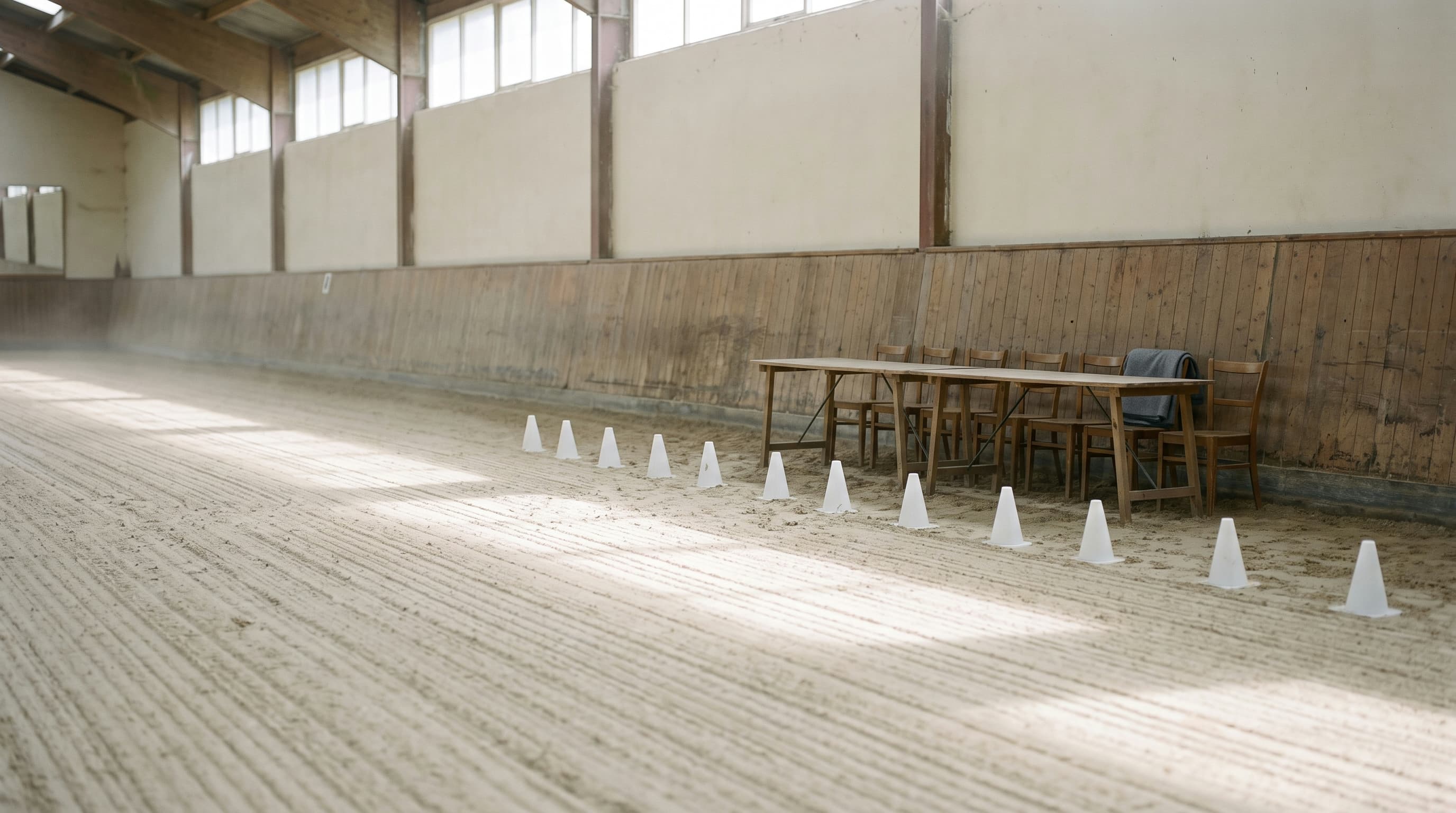 審査に向けて馬場が整地された、無人の屋内馬場。淡い砂の上に白いマーカーコーンが置かれ、古びた木製の壁沿いに何も載っていない机と木の椅子が並んでいる。