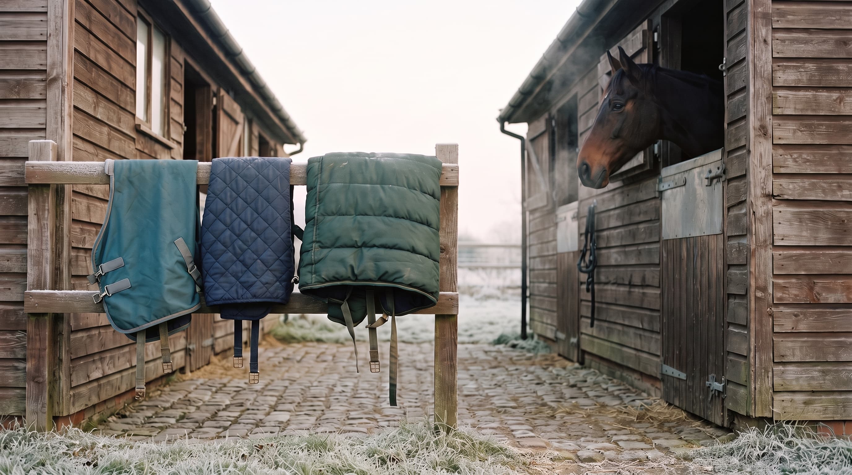 Horse rugs of different weights hanging over a frosted wooden rail in a cobbled stable yard at first light, and a bay horse looking out over a stable door on the right, its breath showing in the cold air.